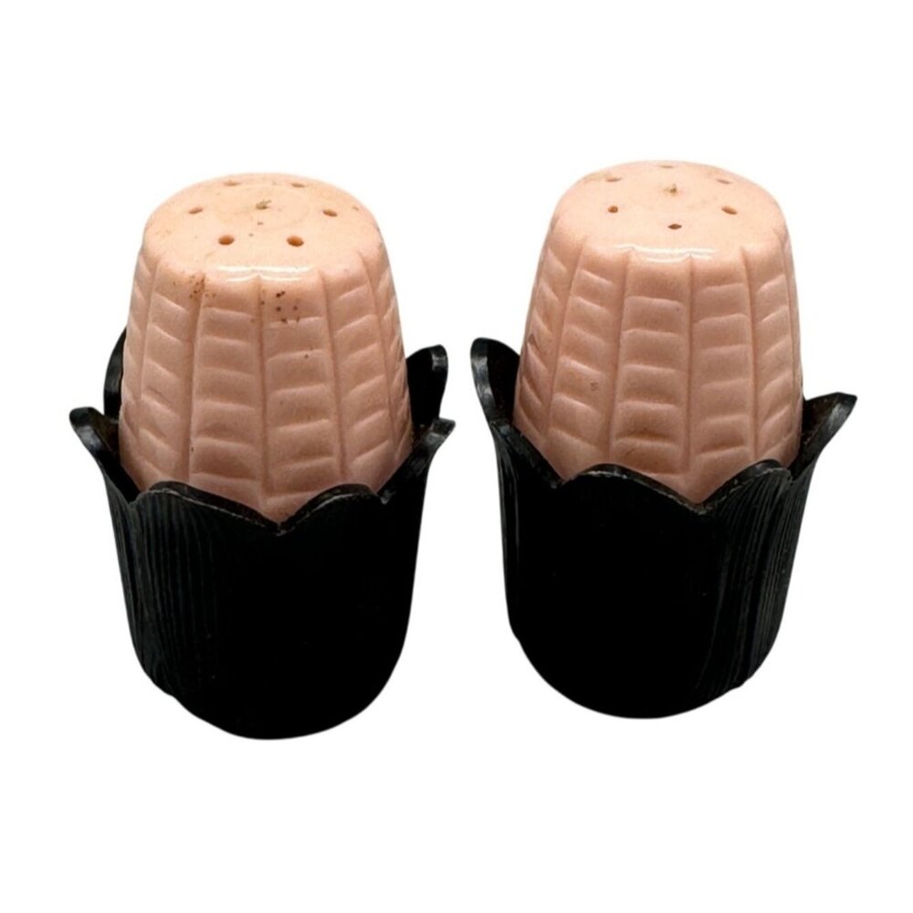Vintage Royal Products USA Black & Pink Ceramic Salt & Pepper Shakers READ